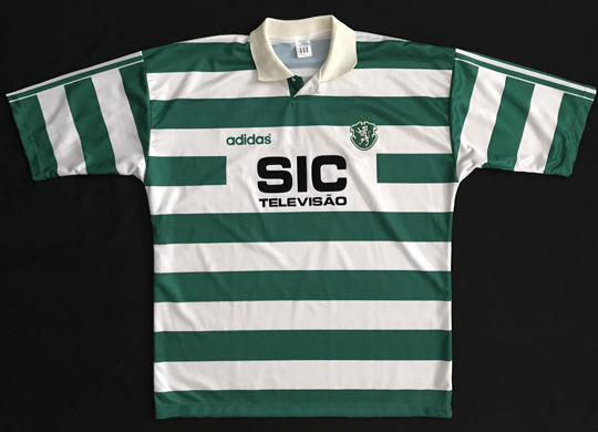 1995/96. Camisola Adidas do Sporting. Este modelo foi usado em dois jogos da Taça das Taças e em quatro da Taça de Portugal