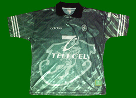 camisola alternativa verde Sporting 1997/98, rplica com patrocnio Telecel em branco