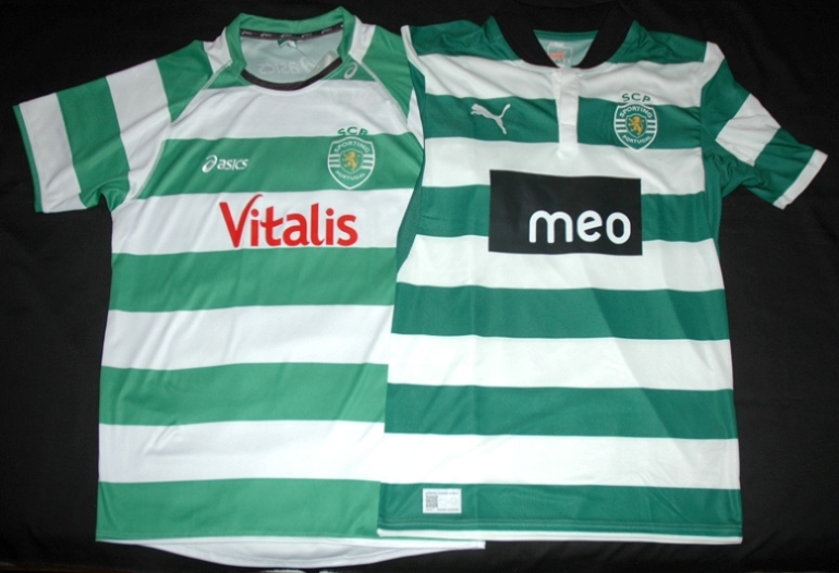 Camisolas oficiais do Sporting lado a lado: Asics e Puma, andebol e futebol