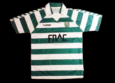 1988/89. Camisola de jogo do Sporting Hummel listada, patrocnio FNAC