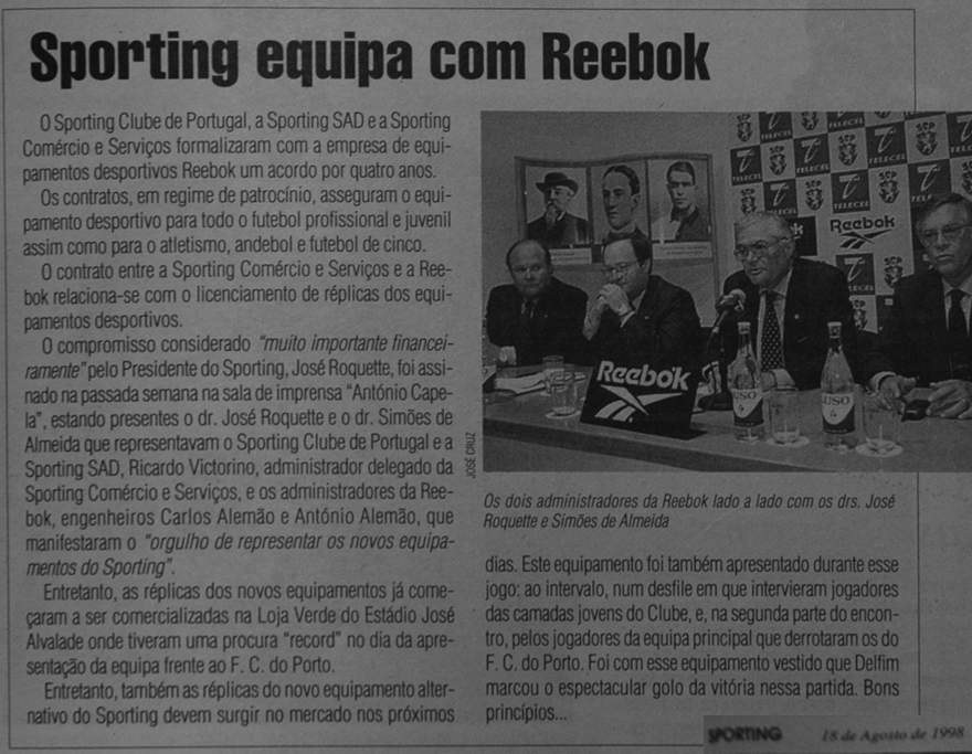 Sporting equipa Reebok em 1998. Assinatura do contrato