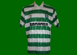 camisola listada de jogo do Sporting, marca inglesa Umbro, publicidade Bonana