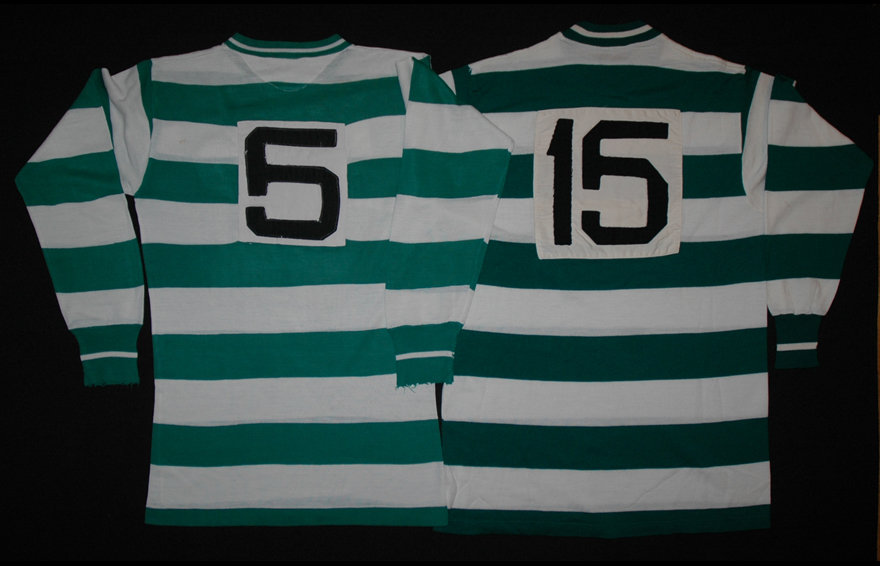 Equipamentos de futebol do Sporting de mangas compridas usados de 1965/66 a 1971/72 e em 1972/73 - costas