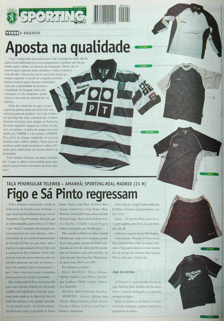 O preo dos equipamentos do Sporting em 2000/01 e 2012/13