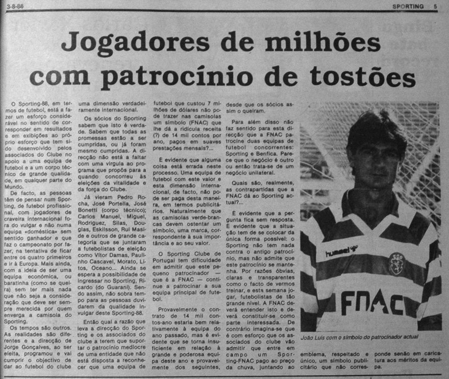 Amado de Freitas assina o primeiro patrocnio do futebol do Sporting - FNAC 1987