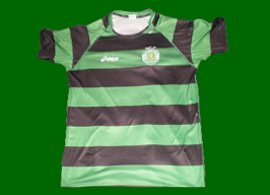 Equipamento de andebol Asics do Sporting. Equipamento alternativo s riscas verde preto 2012/13