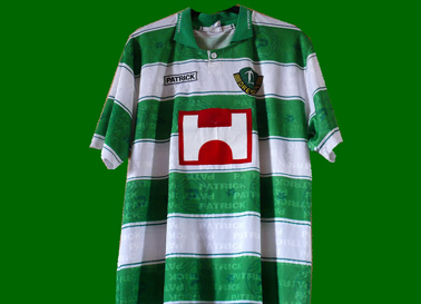 Dynamo Dresden Match worn away 1996/97 jersey, in green white hoops and with Holzmann sponsor